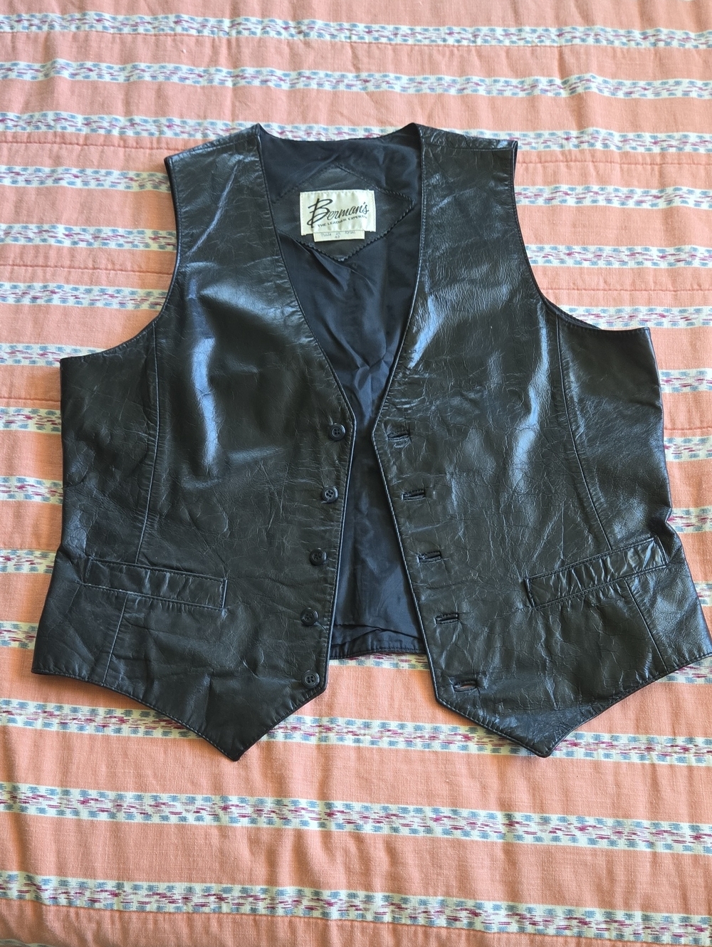 Amazing Vintage Black Leather Button Front Vest by Berman's